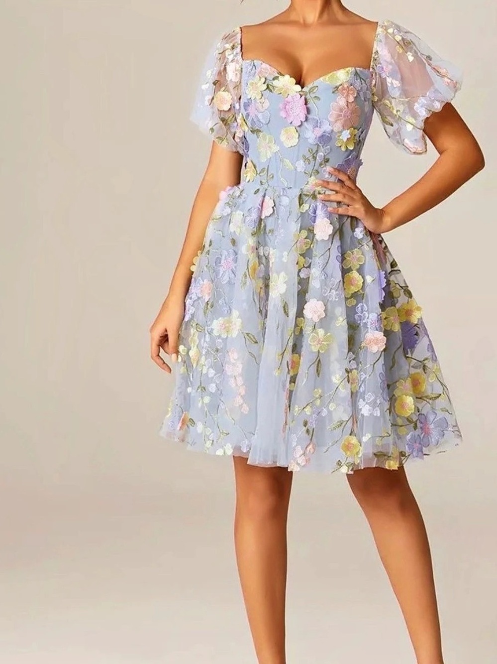 AW Bridal AW Marsha Dress Marsha Dress Floral Puff Sleeve Mini Dress in Purple